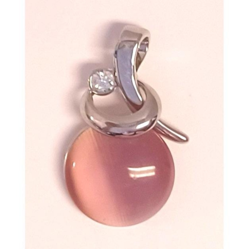 Silver Tone Pink Cats Eye Glass Cabochon Pendant Clear Rhinestone Accent Charm